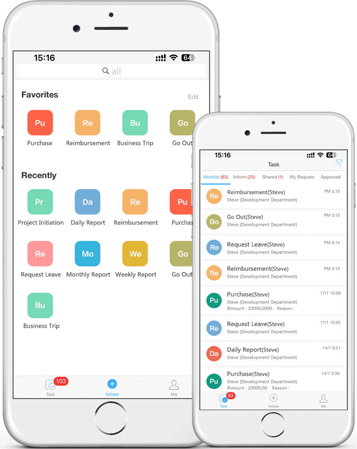 FlowPortal mobile interface: aggregates procurement, reimbursement, trip, leave entries. Supports anytime - anywhere initiation & tracking. Enables convenient mobile work, empowers process digitalization.